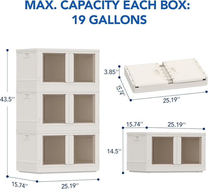 FLEXIMOUNTS 228 QT Stackable Storage Bins With Lids, Collapsible Plastic Storage Bins With Doors and Built-in Wheels For Home Dorm Closet Organizers and Storage, 3 Pack Cubes, Milky White - Image 8