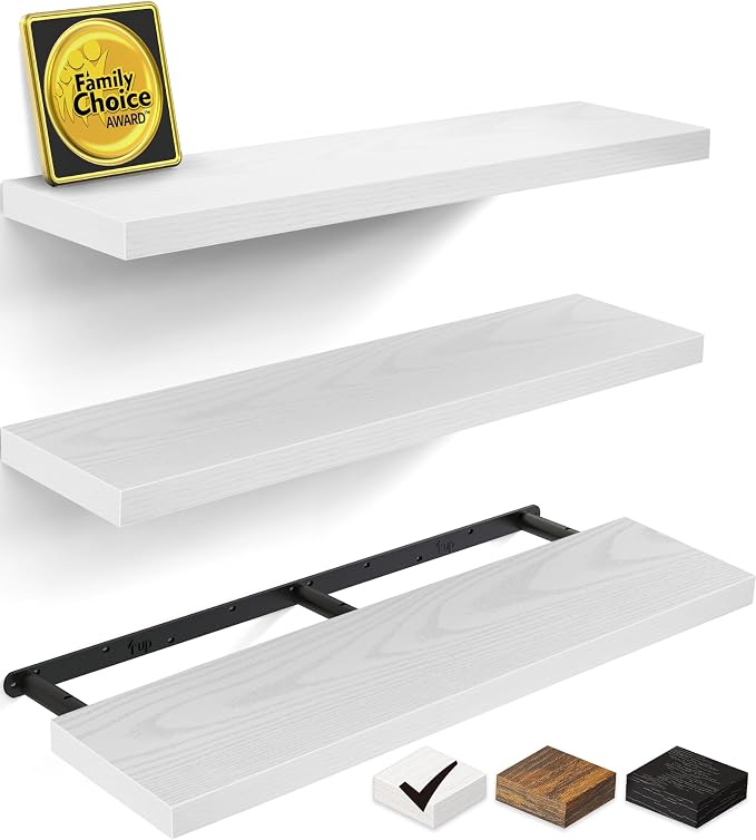 BAYKA White Floating Shelves for Wall, Set of 3, 36 Inches Long Wall Mounted Rustic Wood Shelves for Bathroom, Bedroom, Living Room or Kitchen, Hanging Shelf for Book/Storage/Decor, 30lbs Capacity by Bayka
