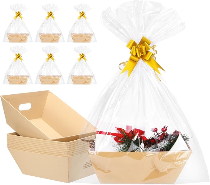 AFOROEOA 10PACK Baskets For Gifts Empty, 10x12”Thick Kraft Gift Basket with 10 Bows 10 Bags Empty Gift Baskets for Christmas, Valentine’s Day, Easter, Birthdays, Snacks, Farmers Market by AFOROEOA