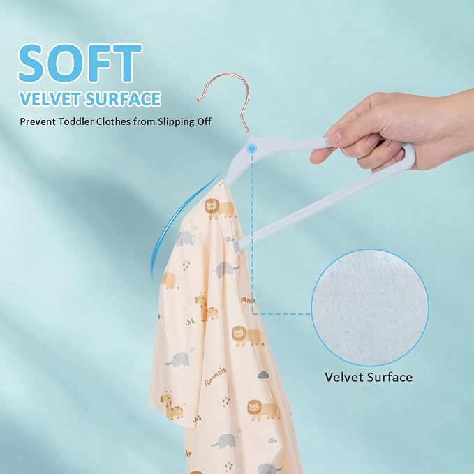 Tonswachic Baby Hangers 50 Pack - 11 Inch Premium Velvet Non Slip Kids Hanger for Infant & Toddler Clothes - 0.2" Ultra Thin Baby Closet Hangers with 10 Hanger Clips - Blue - Image 6