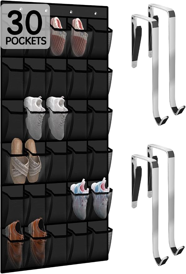 Kotkn Over the Door Shoe Organizer with 30 Breathable Mesh Pockets - Large Capacity Closet Storage for Men & Women, Hanging Shoe Rack Organizer (Solid black) by Unknown