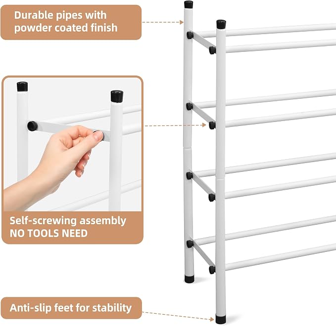 STORAGE MANIAC Expandable Shoe Rack, 16 Pairs Stackable Small Shoe Rack, Metal Adjustable Shoes Organizer for Closet, Entryway, Hallway, Garage, Front Door, Shoes Shelves, White 4 Tier - Image 6