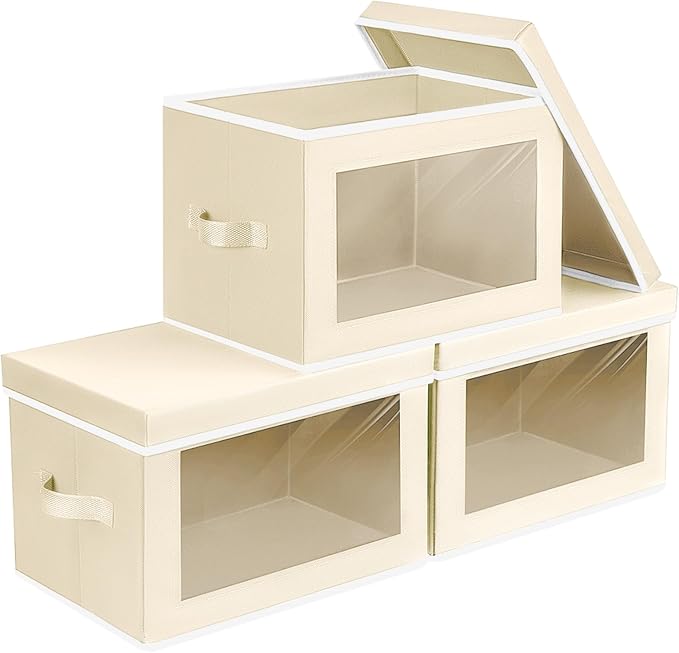 Homsorout Storage Boxes with Lids - 3 Pack Fabric Clear Window Storage Bins, Collapsible Storage Bins with Lids, Linen Closet Organizer for Clothes, Towel, Blanket, Beige by Homsorout