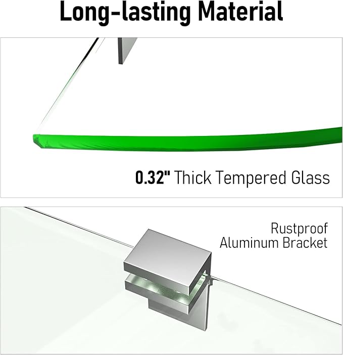 Bakzon Tempered Glass Corner Shower Shelves for Inside Shower, 2-Pack No Drill Adhesive Bathroom Organizer, Rustproof Aluminum Brackets, Glass Shower Corner Shelf - Image 4
