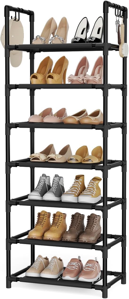 LANTEFUL 7 Tiers Shoe Rack 18-20 Pairs Boots Organizer Storage Sturdy Narrow Shoe Shelf for Entryway, Closets with Hooks, Black by LANTEFULforTidyingHouse