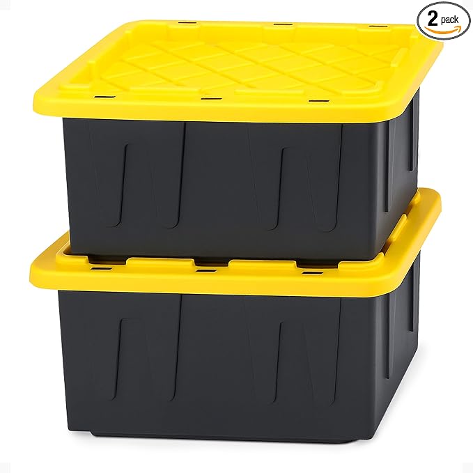 HOMZ 2-Pack Durabilt, Heavy Duty Plastic Storage Bins with Lids, 15 Gallon, Black/Yellow - Stackable Container Boxes for Home, Attic, and Garage Organization by Homz