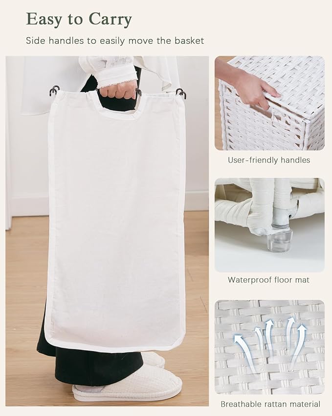 SETVSON Laundry Hamper with Lid Laundry Basket 132 L (35 Gal) Wicker Clothes Hamper, Handwoven Rattan Hamper with Handles and 4 Removable Liner Bags, 6 Mesh Bags for Laundry Bedroom White - Image 6