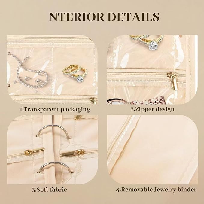 GSXRB Jewelry Organizer Travel Portable Earring Necklace Ring Jewelry Organizer Large Capacity Foldable Multi-Layer Classified Storage Bag Waterproof Antioxidant Organizer (beige) - Image 3