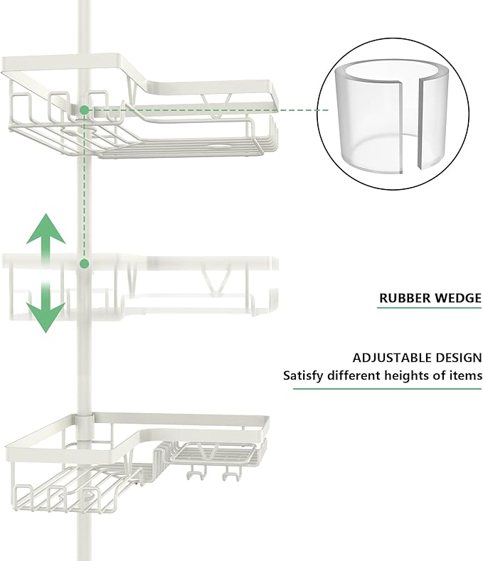 DAOYA Corner Shower Caddy Tension Pole, 4-Tier Adjustable Corner Shower Caddy with Soap Dish & Razor Holder, Stainless Steel Tension Pole Shelf Fits Bathtub & Floor 25-114.2 inches(Off-white) - Image 2