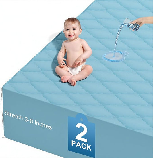 2Pack Waterproof Crib Mattress Protector,Cotton 52X28 Fitted Crib Sheets Crib Mattress Protector Sheets,Soft Toddler Bed Sheets,Washable Infant Fitted Baby Bed Sheets (Blue, 52X28inch)