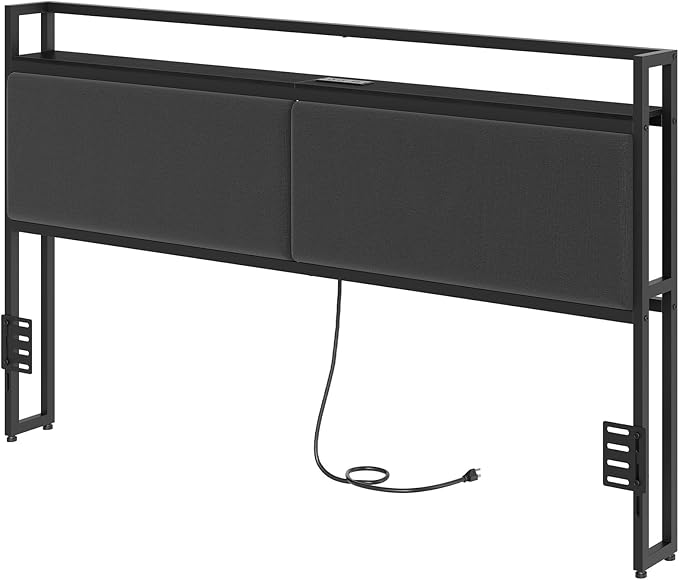 YATINEY King Size Headboard Only, Upholstered King Headboard with Charging Station, Head Board with Open Storage, Height Adjustable, Vintage Style, Sturdy and Stable, Black
