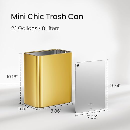 Cesun Small Bathroom Trash Can 2.1 Gallon Wastebasket, Modern Metal Garbage Can Office Waste Basket, Gold Stainless Steel Trash Bin for Bedroom, Home Office, Toilet, rv, Near Desk, Under Sink - Image 3