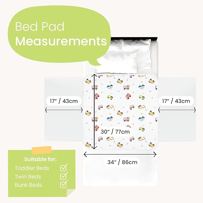 Potty Training Bed Pads for Toddlers Twin-Sized Beds, Tuckable Bed Wetting Pads for Kids, 100% Waterproof Mattress Protector, Non-Slip, Washable Underpads (Truck and Toys Design)