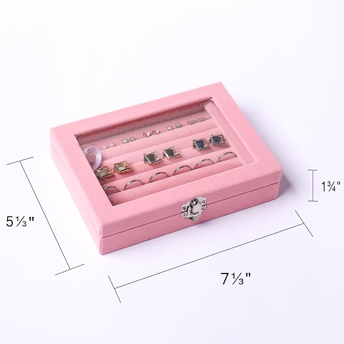 Frebeauty Rings/Earring Organizer Tray with Clear Lid,7 Slots Ring Box Velvet Ring Holder Drawer Insert Jewelry Storage Box Jewelry Display Case Jewelry Box Gift for Women and Girls(Pink,7 Slots) - Image 3