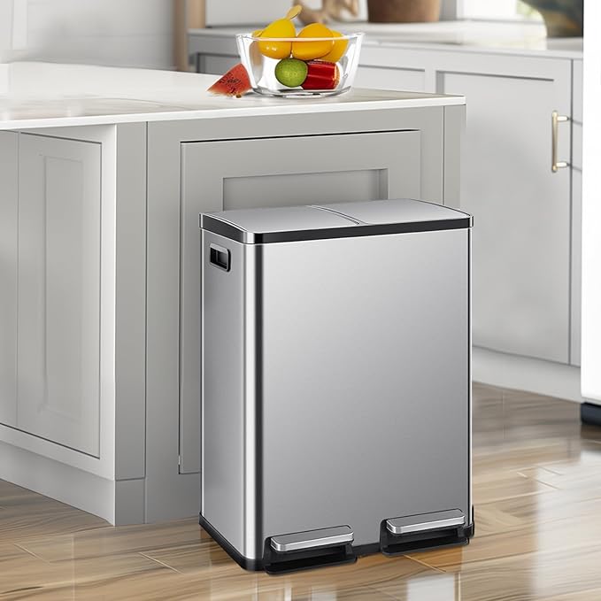 DUMOS Kitchen Trash Can, 2×8-Gallon Garbage Can with Lid, Stainless Steel Trash Bin with 2 Removable Inner Buckets, Soft-Close Foot Pedal, Fingerprint-Resistant for Kitchen Home Office - Image 2