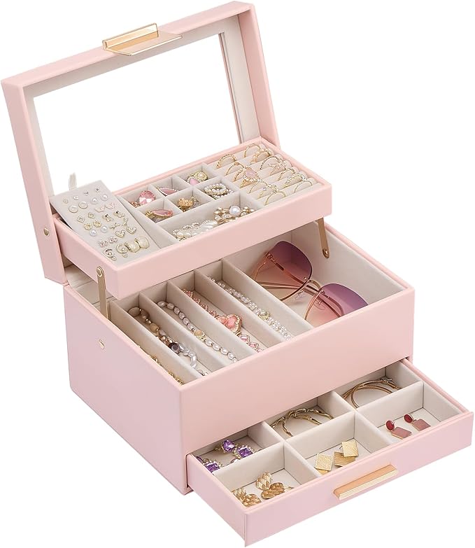 Lolalet Jewelry Box, Clear Window Jewelry Organizer with Drawer for Earrings Bracelets Necklaces Rings, Jewelry Storage for Women -Pink, 3 Layers by Lolalet