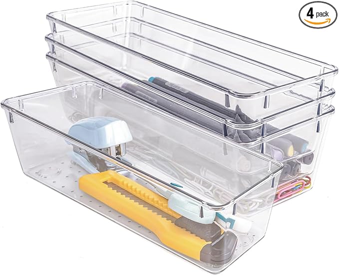 4 PCS Clear Plastic Drawer Organizer, Desk Drawer Divider Organizers and Storage Bins for Makeup, Jewelry, Gadgets for Kitchen, Bedroom, Bathroom, Office (9.0"x3.0"x2.2") by Zuihug