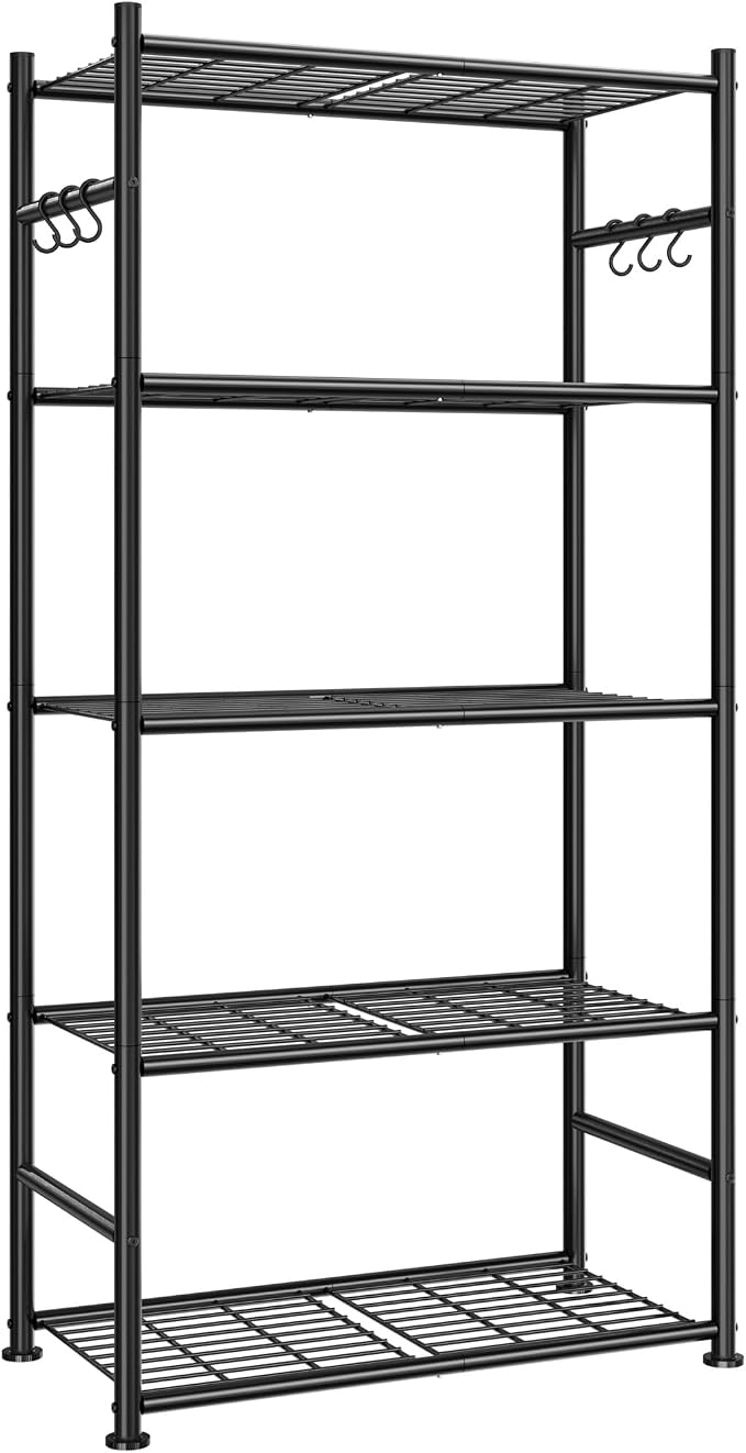 Sakugi Storage Shelves - 5-Tier Large Capacity Shelf Organizer with Hooks, Heavy-Duty Garage Shelving with Leveling Feet, Wobble-Free Rack for Bedroom, Balcony, Garage, 23.6"×13.7"×59", White by Sakugi