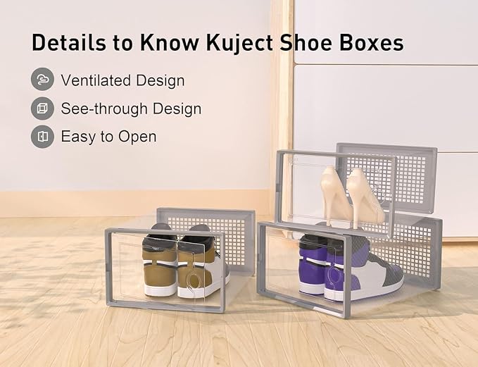 Kuject X-Large Shoe Storage Boxes Organizers Clear Plastic Stackable 12 Pack, Shoe Rack & Holder Substitute, Sneaker Containers, Toy Storage Organizer Bins for Entryway, Closet, Under Bed, Grey - Image 4