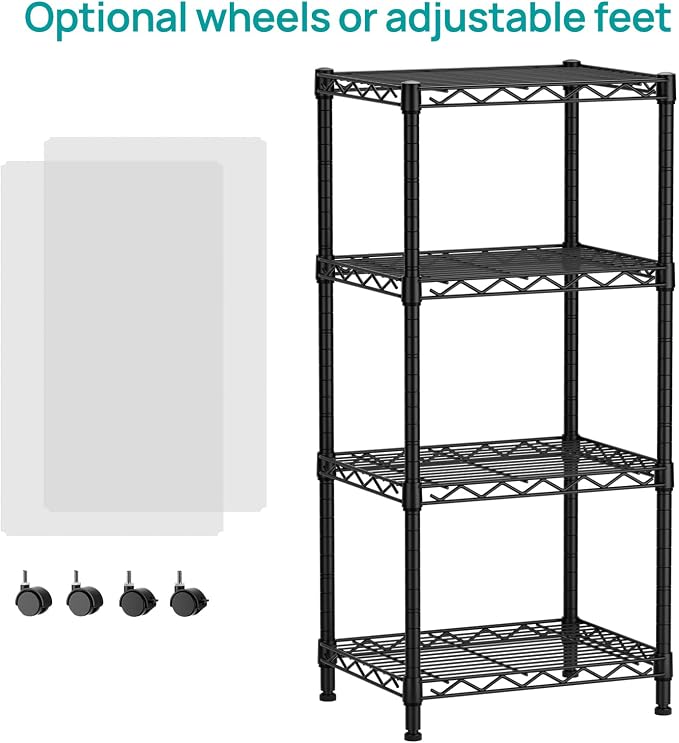 SINGAYE 4 Small Shelves Storage Shelf Wire Shelving Unit Metal Shelf Adjustable Organizers Storage Shelving with Wheels for Bathroom Laundry Room Kitchen Pantry11.5”D x 17.3”W x 44.5”H Black - Image 4