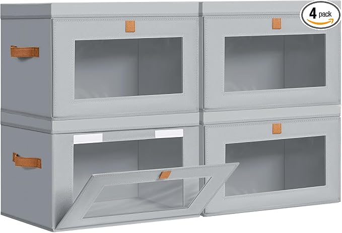 DIMJ Storage Bins with Lids - 4 Pack Large Fabric Closet Organizer with Window & Handles, Collapsible Decorative Storage Boxes for Shelves Under Bed, Books Clothes Blankets Sweaters Organization by DiMJ
