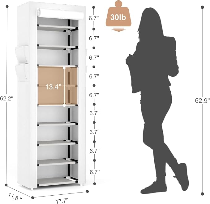 VILICK Shoe Rack with Cover Narrow Shoe Rack Organizer with 4 Side Pockets 10 Tier Tall Shoe Storage Shoe Shelf Holds 18-22 Pairs Shoes and Boots Shoe Rack for Closet, White - Image 3