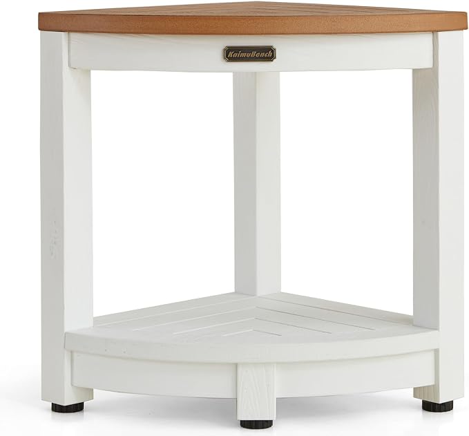 KaimuBench HDPS Corner Shower Stool for Shaving Leg, Waterproof Shower Bench Seat for Inside Shower, Poly Lumber Plastic Bath Shower Chair Seat, White+Brown, Weight Capacity 500LBS by KaimuBench