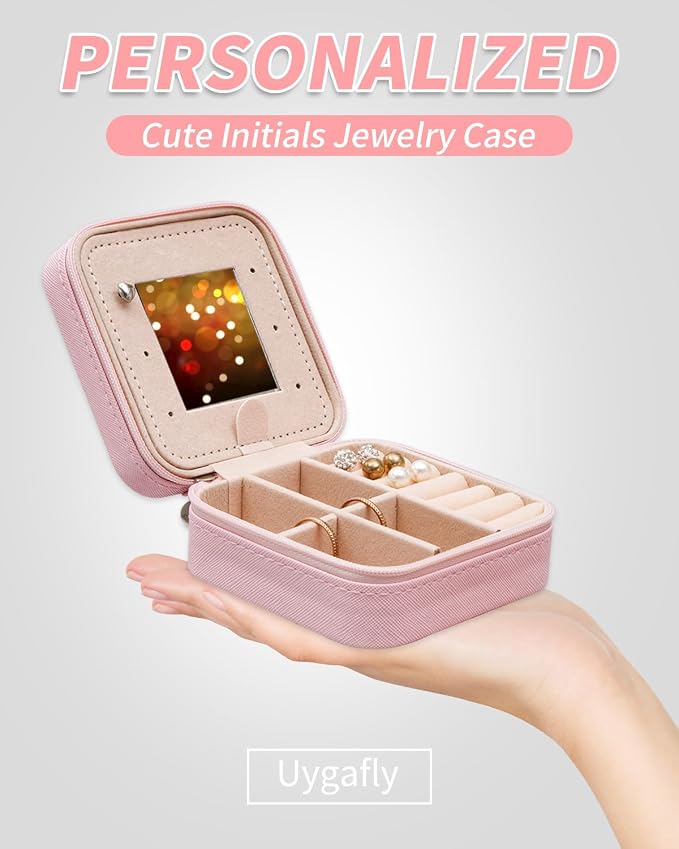 Uygafly Travel Jewelry Case - Personalized Jewelry Box for Women,Small Jewelry Organizer Cute Jewelry Organizers and Storage Aesthetic,Travel Essentials Birthday Gifts for Girls Women | Pink,J - Image 3