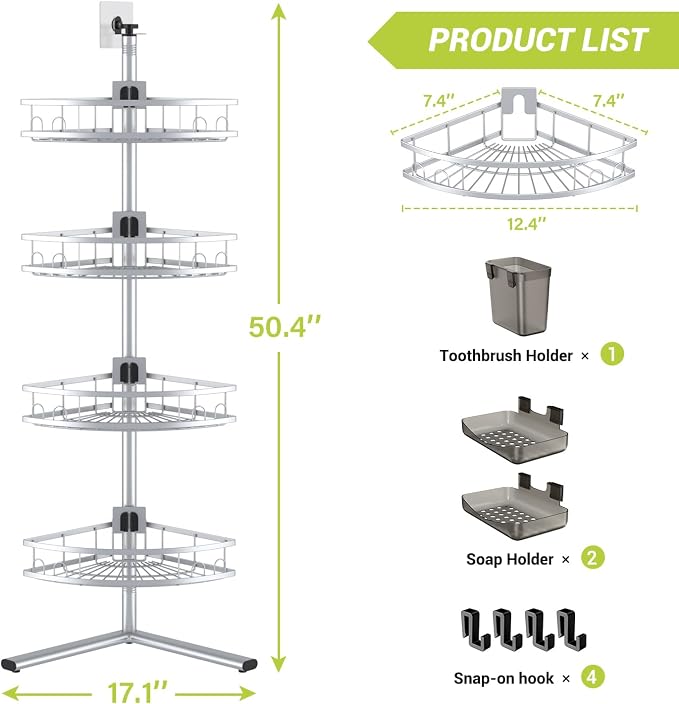 Aitatty Standing Shower Caddy Corner: 4-tier Rustproof Shower Organizer Shelf - Floor Shower Corner Shelf Rack Stand for Bathroom Chrome - Image 9