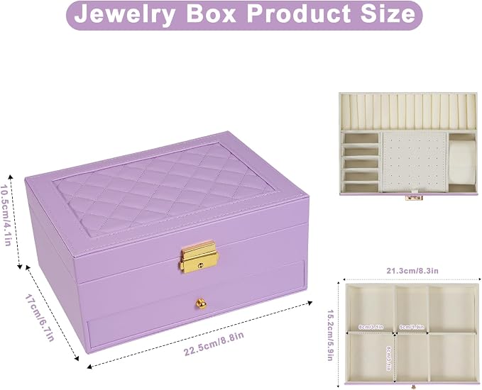 2-Layer Jewelry Box for Women Girls, Jewelry Organizers and Storage with Removable Jewelry Tray, Vintage Quilted Top Lockable Jewelry Holder Gift Idea Light Purple - Image 3
