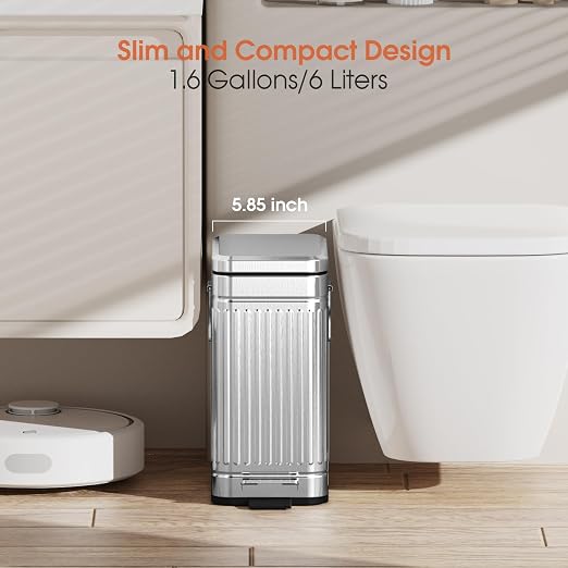 Small Bathroom Trash Can with Lid Soft Close, 6L / 1.6 Gallon Stainless Steel Garbage Can with Step Pedal & Odor Control, Slim Trash Bin for Toilet, Office, Bedroom - Sliver - Image 2