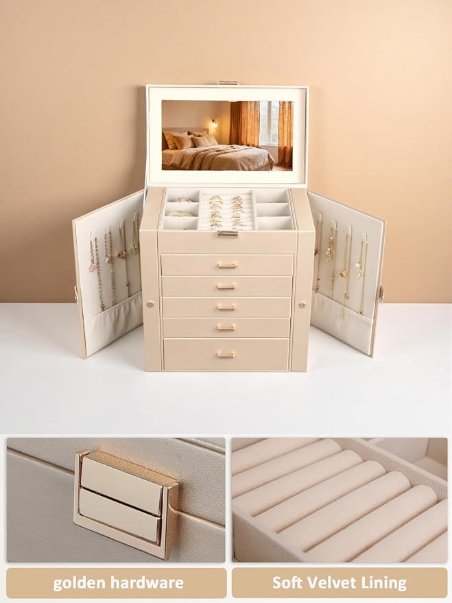 BOOVO Jewelry Box For women, 6 Layer Large Jewelry Organizer With Mirror, Multi-Function Storage Box With Lock, Necklace Holder With 5 Drawers, For Earrings Necklace Bracelet (Champagne Gold) - Image 2