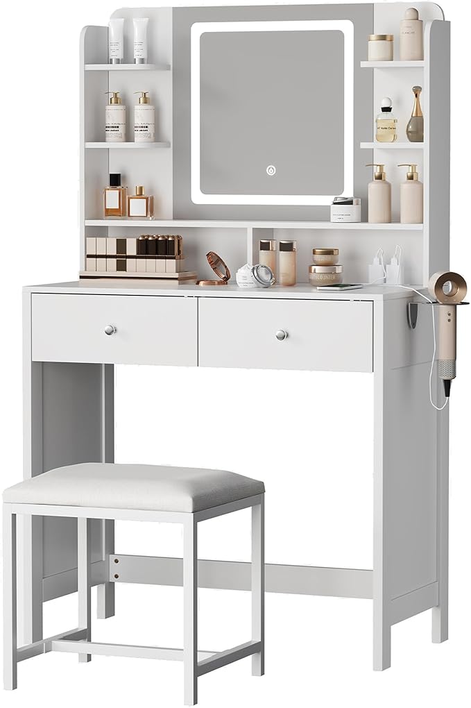 White Vanity with Lighted Mirror, 8 Shelves, 2 Drawers, Charging Station, Hair Dryer Holder & Stool, LED Mirror with 3 Light Modes