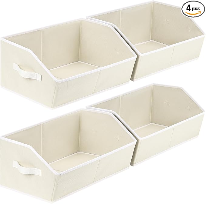 Homsorout Cube Storage Organizer - Large Bins with Handle, Trapezoid Organizing Baskets for Shelves, Decorative Storage Baskets for Clothes, Blankets, Books, 4 Pack, Beige by Homsorout