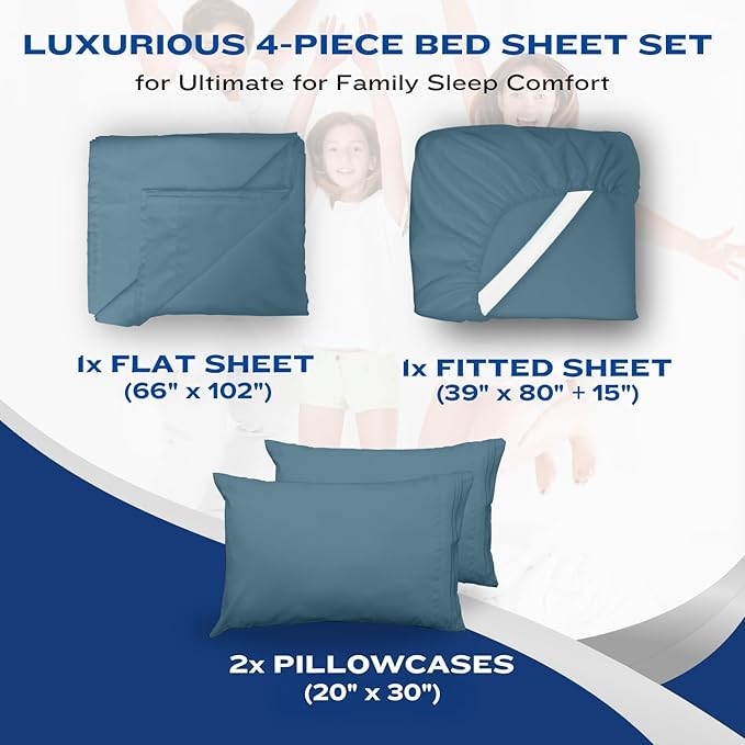 DREAMCARE Twin XL Sheet Sets - 4 pcs Breathable Cooling Bed Sheets - up to 15" Deep Pocket Twin XL Sheets Set with Side Pockets - Extra Soft 100% Brushed Hypoallergenic Hotel Luxury Bedding Mnrl Blue