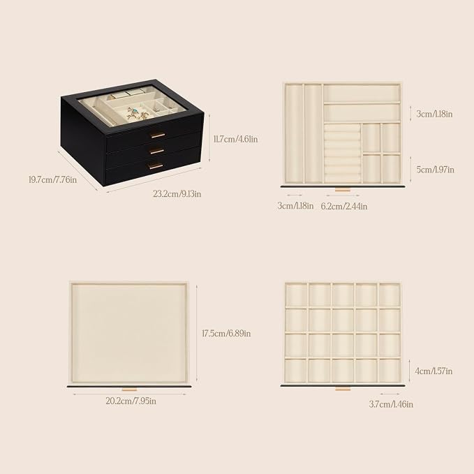 Jewelry Box with Glass Lid, 3-Layer Jewelry Organizer for Women Girls, PU Leather Display Case with 20-Grid Earring Tray & Movable Dividers for Necklaces Rings,Black - Image 3