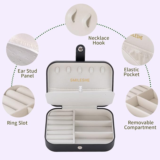 Smileshe Jewelry Box, PU Leather Small Portable Travel Case, 2 Layers Organizer Display Storage Holder Boxes for Rings, Earrings, Necklaces, Bracelets - Image 2
