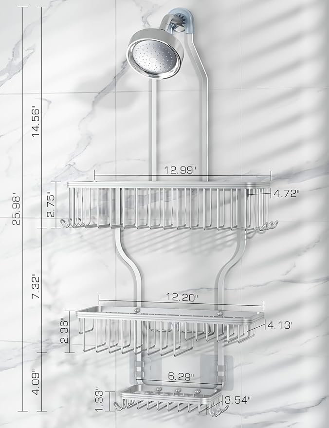 YASONIC Never-Rust Aluminum Hanging Shower Caddy – Over-the-Showerhead Organizer with 10 Hooks for Razor and Sponge – Includes Soap Basket – Silver - Image 8