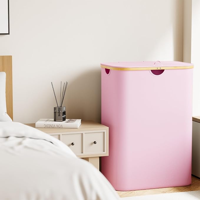 SpaceAid Double Laundry Hamper 2 Section with Lid and Removable Laundry Bags, 160L Clothes Basket with Bamboo Handles, Large Collapsible Hamper for Bedroom, Bathroom, Dorm, Laundry Room - Pink - Image 6