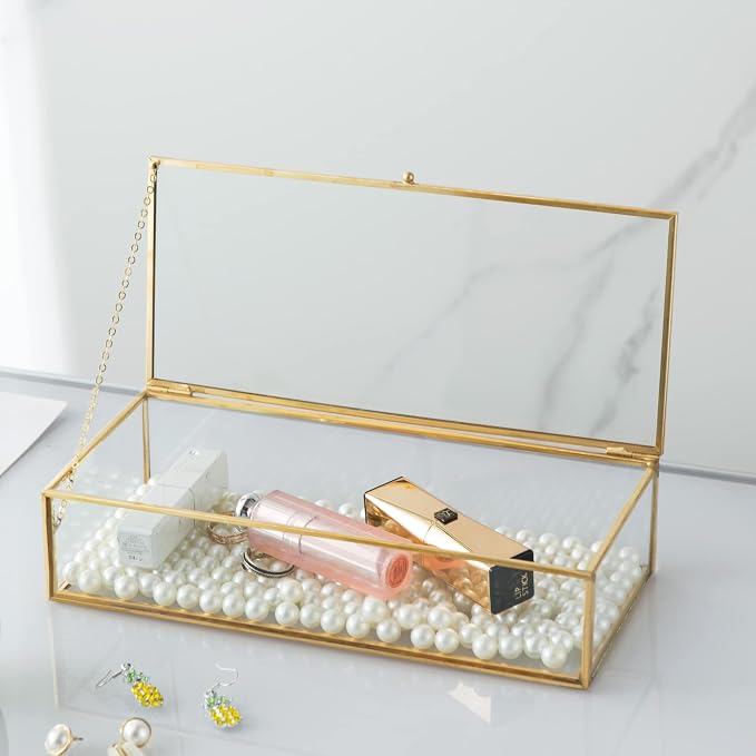 Vintage Glass Keepsake Box, Rectangle Jewelry Display Organizer Box Vanity Lidded Box Home Decor Accent Decorative Box for Storage Trinket Rings Bracelet - Image 2
