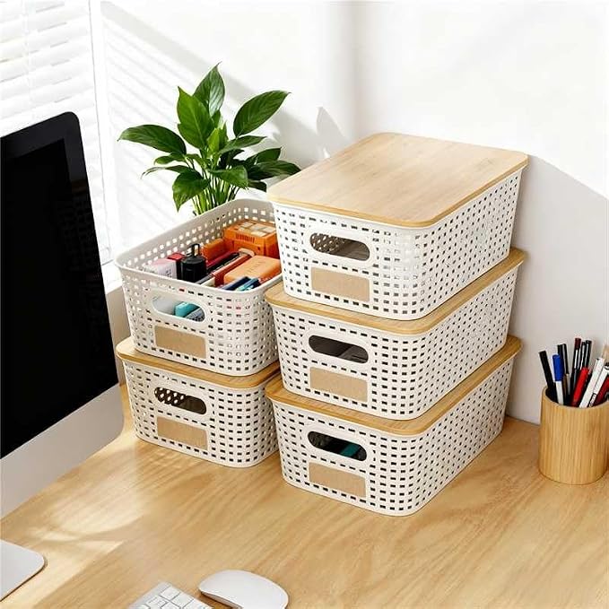 6Pcs Storage Bins with Lids, Stackable Plastic Storage Basket with Bamboo Lid, Pantry Organizer Box Small Containers for Organizing Shelves Drawer Desktop Closet Cabinet Office Classroom 10x7.1x4.1in - Image 5