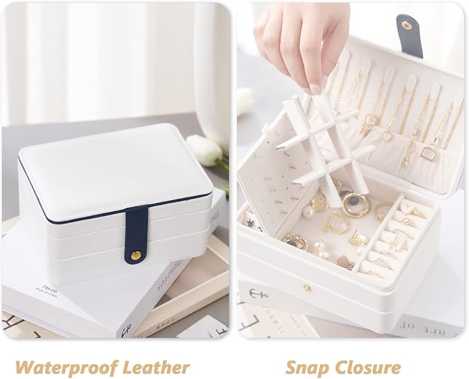 KOOAAICCHI Small Jewelry Box, Travel Jewelry Organizer, Portable Jewelry boxes for Women Girls Gift, Double Layers PU Leather Jewelry Holder for Rings, Earrings, Necklaces-White - Image 2