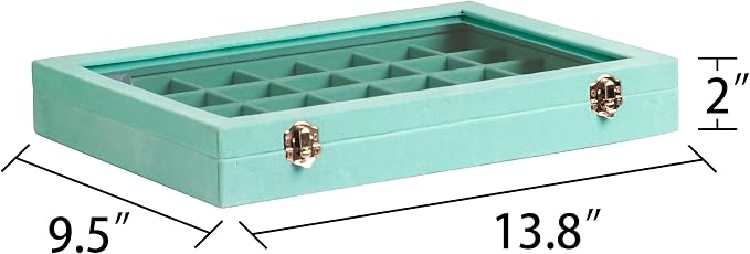 Frebeauty Velvet Jewelry Tray,35 Grid Jewelry Organizer with Clear Lid,Earring Holder Organizer Case with Clasp,Drawer Insert for Rings Studs,13.8 x 9.5 x 2 Inches,Gift for Women Girls(Turquoise) - Image 3