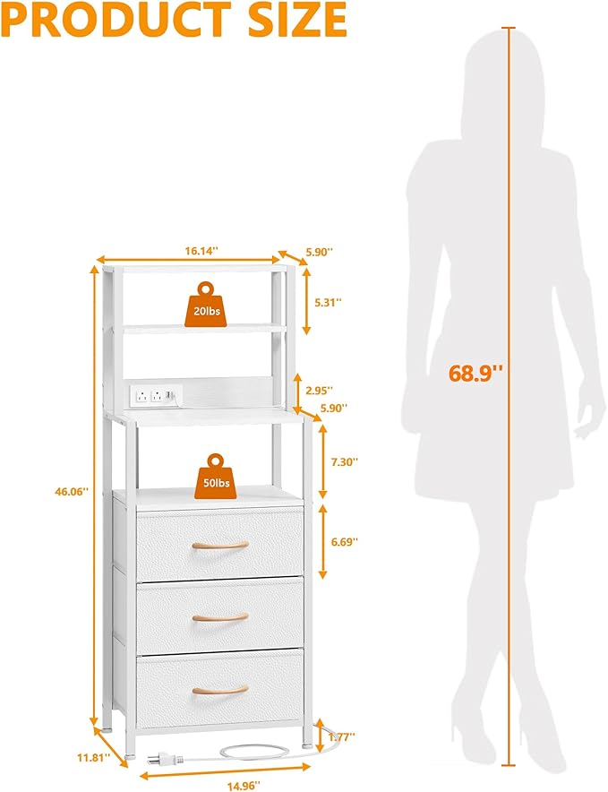 Furnulem Night Stand, White Bedside Nightstand with 4-Tier Shelves and 3 Fabric Drawers, LED Bed Side Tables with Charging Station, Tall Dresser for Bedroom, Hallway, Office