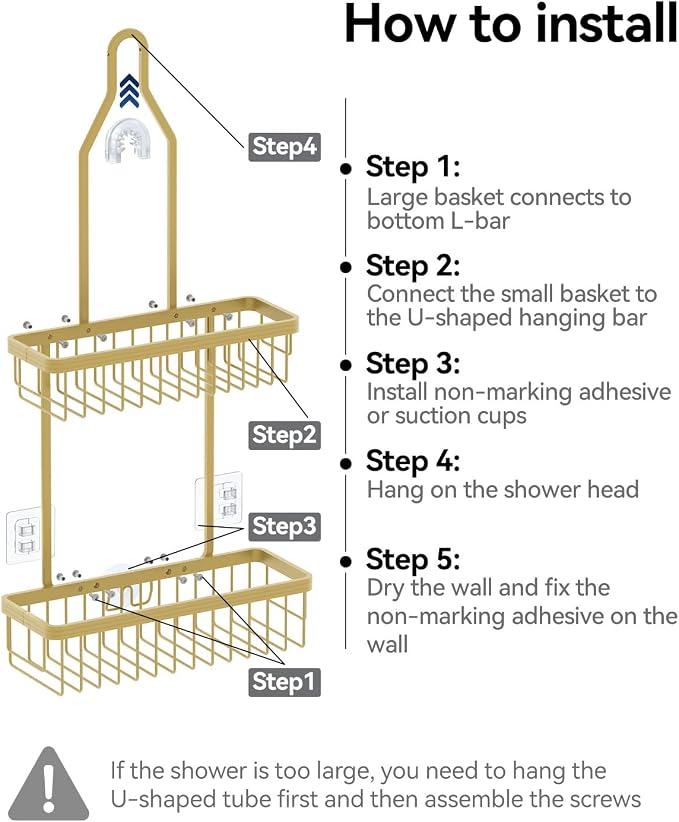 YASONIC Shower Caddy Hanging, Never Rust Shower Organizer Hanging, Aluminum Shower Racks for Inside Shower with Hooks for Razor, Bathroom Organizers and Storage with Soap Holder, Gold - Image 8