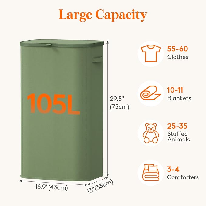 Lifewit 105L Large Laundry Basket with Lid, Laundry Hamper with Plastic Handles and Removable Bag, Foldable Tall Dirty Clothes Hampers for Laundry for Laundry Room, Bedroom, Bathroom, Dorm, Green - Image 2
