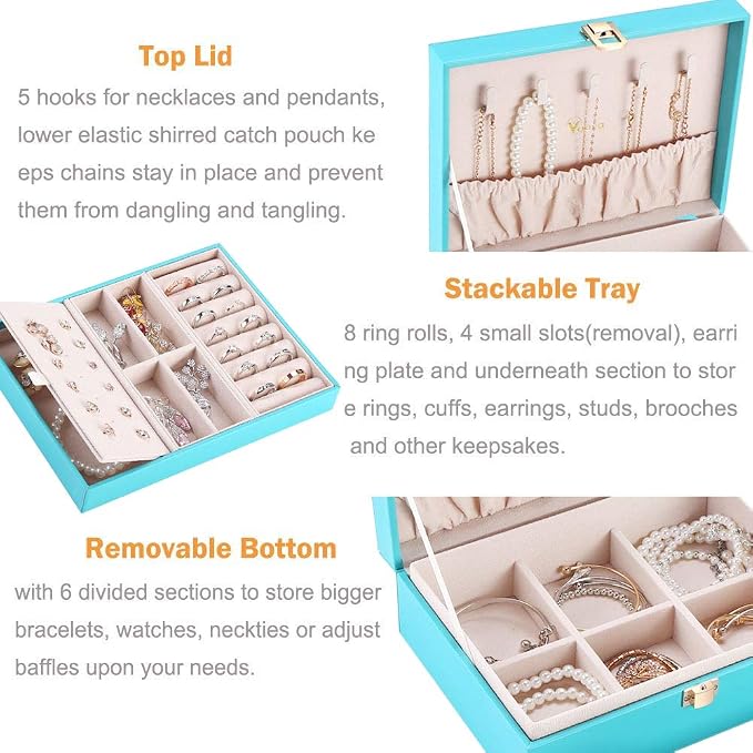 Voova Jewelry Box Organizer for Women Girls, 2 Layer Large Men Jewelry Storage Case, PU Leather Display Jewellery Holder with Removable Tray for Necklace Earrings Rings Bracelets, Gift, Teal/Lake Blue - Image 2