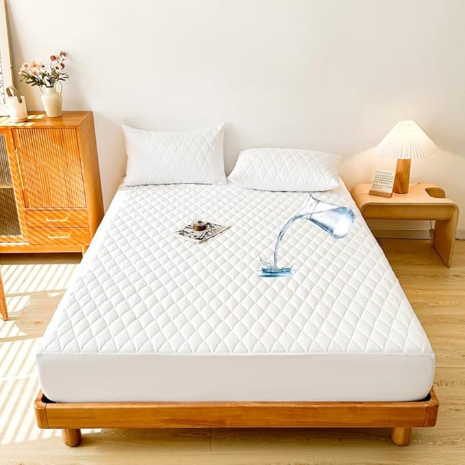 Waterproof Mattress Protector Comfort Bedding,Noiseless King/Queen/Full/Twin Size Mattress Pad Quilted Mattress Cover with Deep Pocket Fitted Up to 11" (White,Queen)