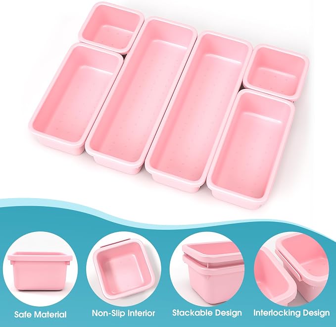 6 PCS Drawer Organizer Set, 3 Size Makeup Drawer Divider Organizer With Non-Slip Pads, Interlocking Plastic Storage Bins for Office,Jewelry Vanity,Gadgets, Bathroom,Kitchen, Pink - Image 3