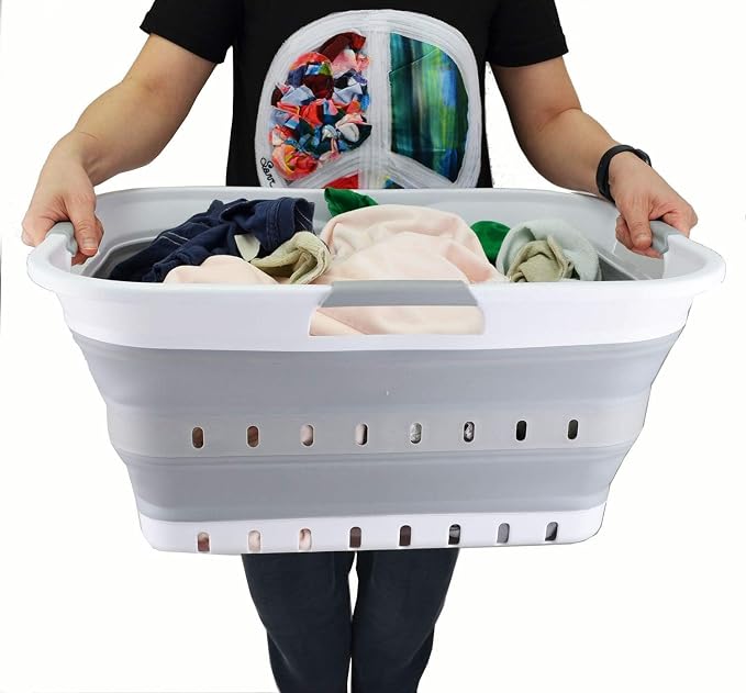 SAMMART 42L (11 gallon) Collapsible Plastic Laundry Basket - Foldable Pop Up Storage Container/Organizer - Space Saving Hamper/Basket (1, White/Grey) - Image 8